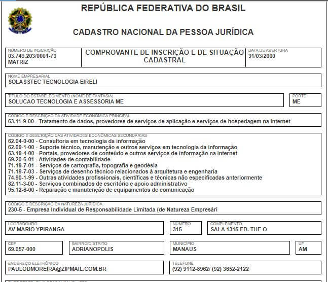 CNAE da empresa desenvolvedora de software contratada pela Câmara Municipal de Manaus pelo vereador David Reis