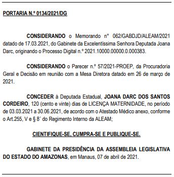 Licença Maternidade deputada Joana Darc da Assembleia Legislativa do Estado do Amazonas