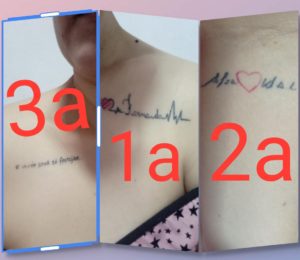 Três imagens com as tatuagens da jornalista, uma com o nome da filha, outra com o nome do pai e da mãe e uma terceira com a letra de uma música. Todas na parte superior do corpo.
